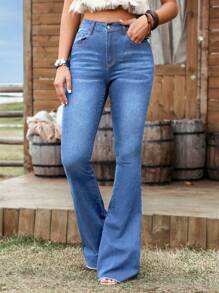 SHEIN LUNE 女式纯色休闲喇叭牛仔裤，带口袋 - 淺色水洗藍 - 查看 3