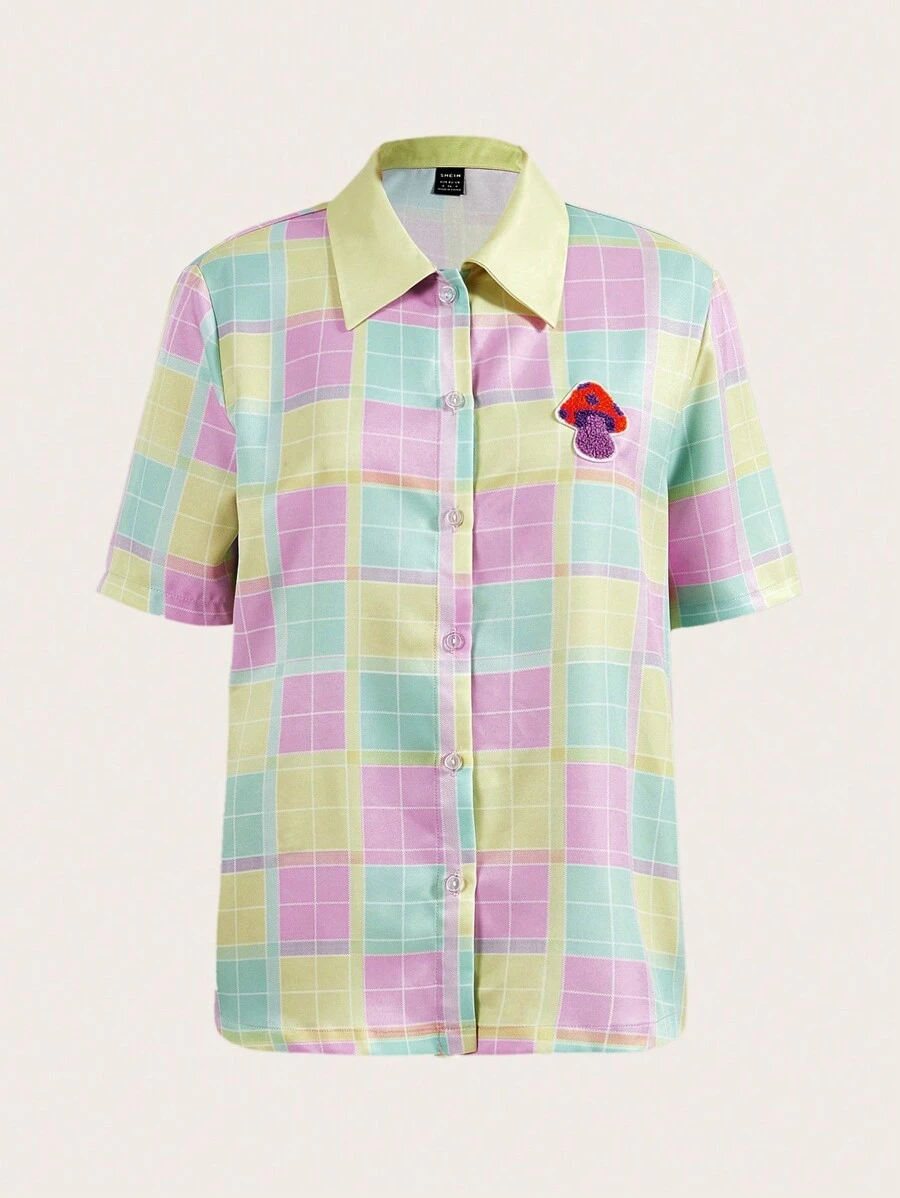 SHEINNeu 女款格紋短袖簡約日常襯衫 - 彩色 - 查看 1