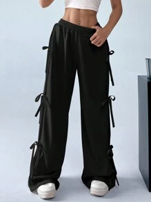 SHEIN EZwear Quần short thắt nơ màu hồng ngọt ngào và dễ thương cho mùa Xuân/Hè - màu đen - Xem 3