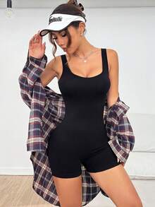 Women's Sporty Drawstring Backless Jumpsuit - Black - View 2