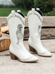 女式西部牛仔靴 V 形骷髅头中筒尖头粗跟时尚靴子，女牛仔靴 - 白色 - 查看 5