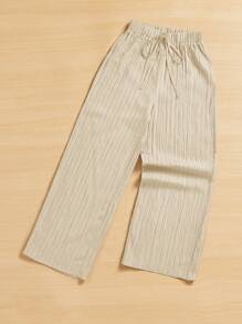 SHEIN Essnce 女士休闲简约条纹爱心印花长裤 夏季春季情人节新年女装 - 杏色 - 查看 3