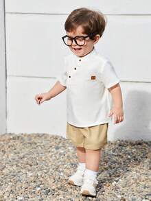 SHEIN 嬰兒男童拼接細節半扣上衣和短褲套裝 - 彩色 - 查看 6