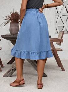 SHEIN LUNE 褶皺丹寧布裙子，帶荷葉邊緣 - 藍色 - 查看 2