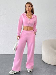 SHEIN PETITE 女士时尚粉色拉链连帽运动衫和裤子两件套 - 粉色 - 查看 6