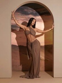 Hauture 不对称挂脖领口网布拼接褶饰连衣裙 - 咖啡棕 - 查看 2