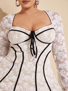 SHEIN BAE Plus Size Women's Lace Cup Style Ruffled Hem Pleated Dress  Patchwork Color Block Mini Dress