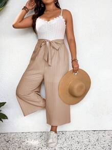 SHEIN Frenchy Summer Lace Patchwork Color Clash Texture Fabric Belted Plus Size Jumpsuit