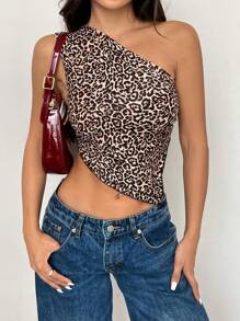 SHEIN Unity Áo sơ mi nữ một vai họa tiết da báo - Nhiều màu - Xem 1