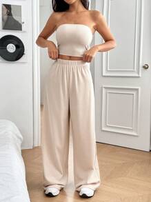 SHEIN EZwear Conjunto de top sin tirantes y pantalones largos para mujer, nueva llegada