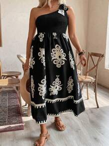 SHEIN Clasi Vestido diario de cuello asimétrico simple para mujer de talla grande con estampado - Blanco y Negro - Ver 3