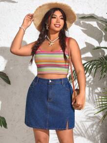 SHEIN VCAY Plus Size Denim Mini Skirt Without Elasticity - Medium Wash - View 5