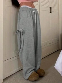 DAZY Pantalon de jogging ample gris ample à large jambe et nœud papillon sur le côté pour femmes, pour un port quotidien - Gris - Voir 8
