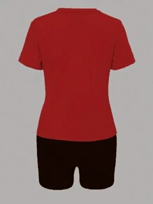 Maweii 大尺碼女士對比色簡約日常短袖T恤和短褲套裝 - 彩色 - 查看 2
