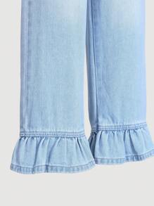 Quần jeans ống rộng cho bé gái tuổi teen với họa tiết nụ hoa cổ điển và gấu quần xếp ly kiểu Hàn Quốc, dáng rộng thoải mái, phù hợp cho mọi mùa. - Rửa trung bình - Xem 4