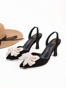 Jesień/Zima 2025 Damskie białe sandały na obcasie z kokardą i sztucznymi perłami, eleganckie czarne sandały na walentynki, eleganckie, damskie czółenka, eleganckie, stroje imprezowe - Czarne - Zobacz 6