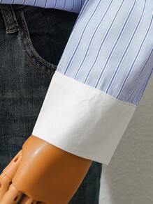 Langärmeliges Hemd für Teenager-Mädchen mit Farbblock-Kragen und gestreiftem Muster mit Ein-Knopf-Verschluss