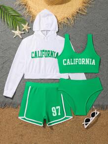 SHEIN Conjunto de bikini para niña preadolescente - Top de tank abierto por la espalda y camisa de manga larga con capucha con estampado de letras, con ropa de baño lisa y shorts con estampado numérico, para playa de verano
