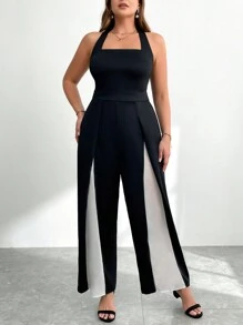 SHEIN Privé Plus Size Women's Halter Neck Long Jumpsuit Color Block Jumpsuit, Fall Back To School - Black - View 4