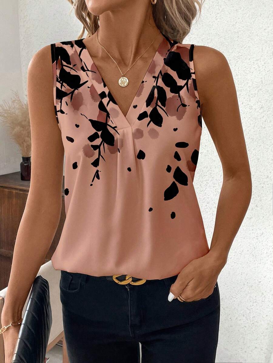 SHEIN Clasi 夏季 V 领无袖全身印花修身女式衬衫、无袖上衣 - 藕粉色 - 查看 1