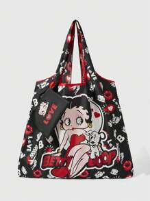 Betty Boop | ROMWE Cartoon Sweet And Cute Storage Bag, Large Capacity Portable Foldable Shopping Tote Bag With Coin Purse , Cute - Black - View 3