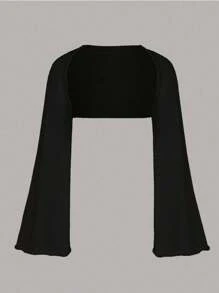 Sweetra Women's Solid Color Short Open Front Plus Size Bell Sleeve Cardigan, For Winter Fall Cloth For Women Autumn - Black - View 1