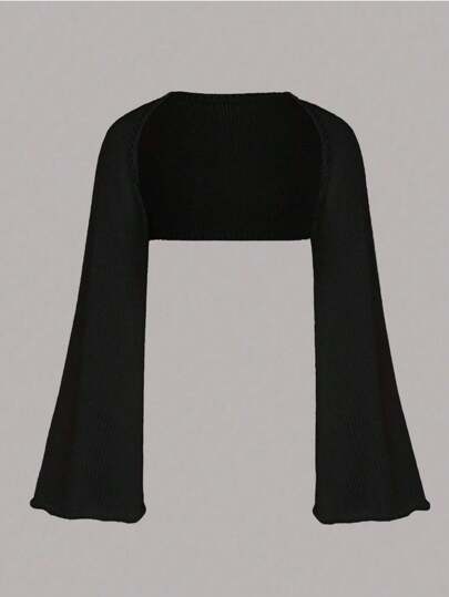 Sweetra Women's Solid Color Short Open Front Plus Size Bell Sleeve Cardigan, For Winter Fall Cloth For Women Autumn