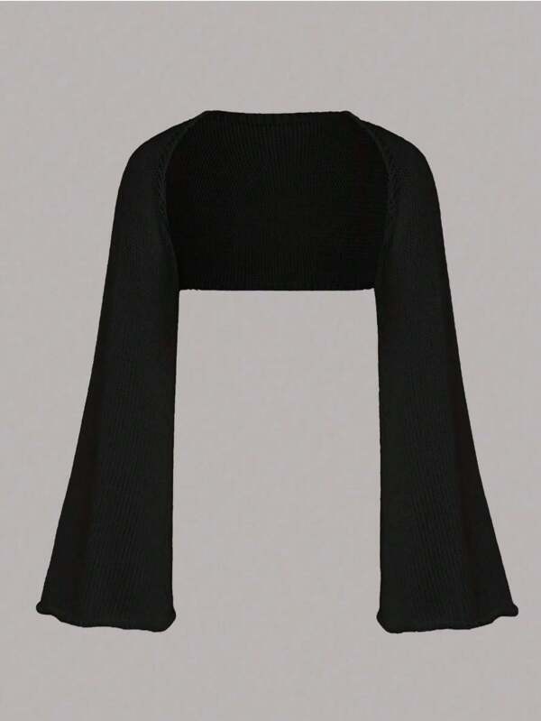 Sweetra Women's Solid Color Short Open Front Plus Size Bell Sleeve Cardigan, For Winter Fall Cloth For Women Autumn