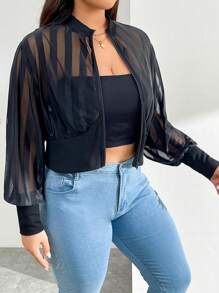 SHEIN Essnce 大码女装时尚休闲商务女装通勤返校服秋装黑色上衣秋季秋装教师服拉链夹克秋季纯黑色外套薄款透视条纹长袖夹克拉链夹克 - 黑色 - 查看 4