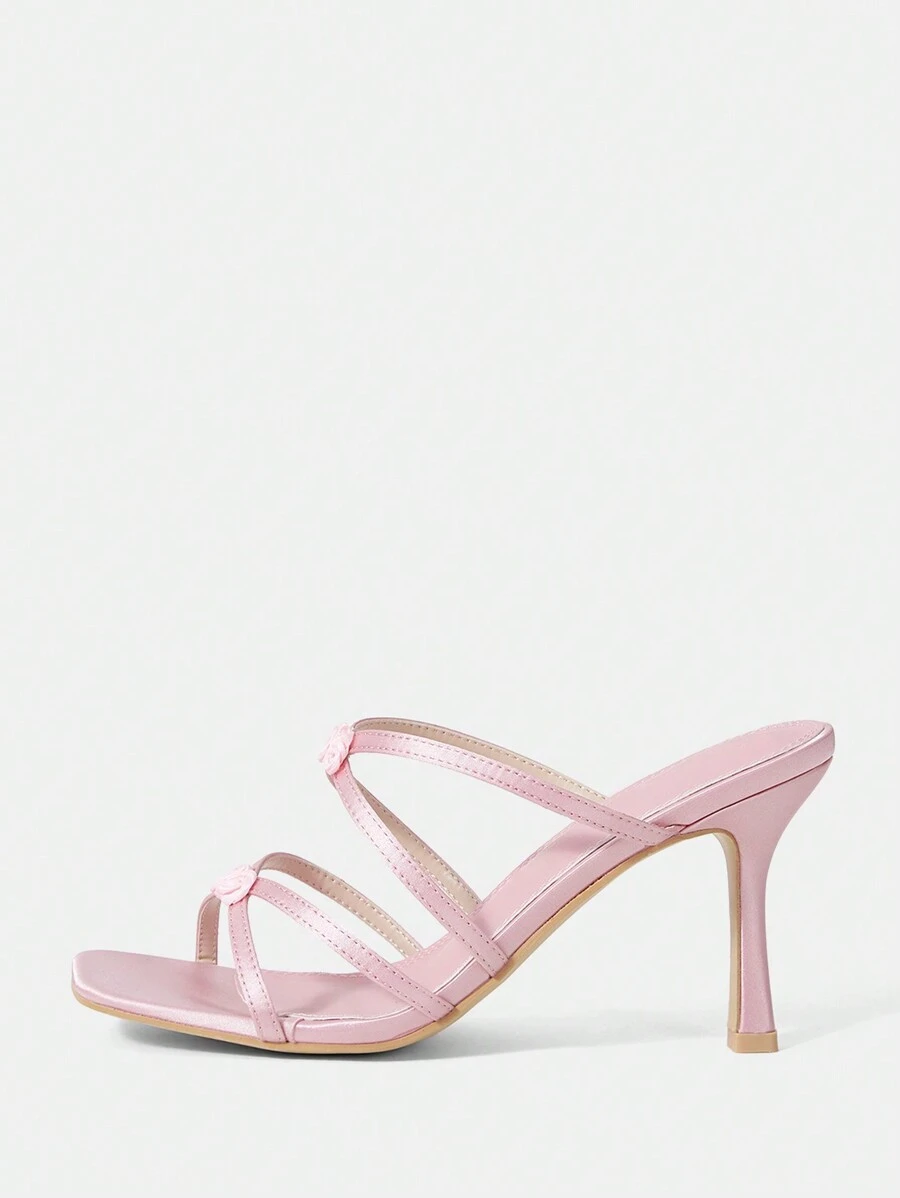 CUCCOO CHICEST Sandalias de tacón alto para mujer de satén rosa con flores decorativas de rayas para verano, graduación, baile de graduación, vacaciones, rebajas de verano, sandalias elegantes, Halloween - Rosa - Ver 1