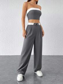 SHEIN PETITE Contrast Trim Tube Top & Straight Leg Pants - Grey - View 3