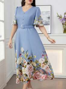 Modelyn 花卉印花系带 V 领大码节日连衣裙长款晚礼服 - 彩色 - 查看 1