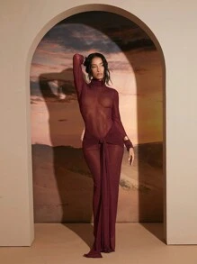 Hauture Mock Neck Front Wrap Detail Maxi Party Dress