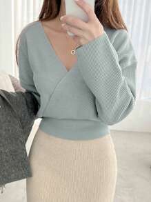 DAZY Women V-Neck Long Sleeve Solid Color Fitted Sweater, Autumn,Fall Women Clothes - Blue - View 7