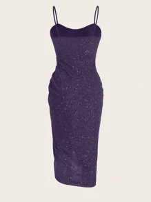 SHEIN Belle Mouwloze, rugloze, sprankelende, slanke zwarte jurk met plooien, zijsplit en bodycon-ontwerp voor dames, maxi-damesoutfit