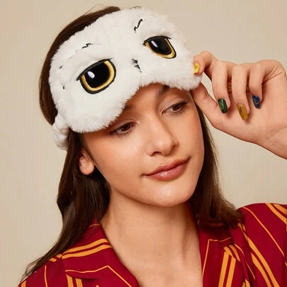 HARRY POTTER X SHEIN Máscara de dormir de peluche con bordado de Hedwig para el dormitorio, viajes, oficina, escuela, regalos, útiles escolares, vacaciones