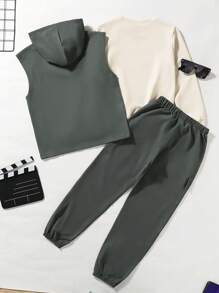 SHEIN 中大童男孩連帽衛衣，多口袋設計，無袖外套和裝備褲，韓國風格，3件套裝秋冬款 - 彩色 - 查看 2