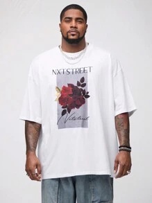 Manfinity VCAY Camiseta holgada de punto para hombre con patrón de rosa tejido en tamaño grande, ideal para llevar en verano y para el día a día