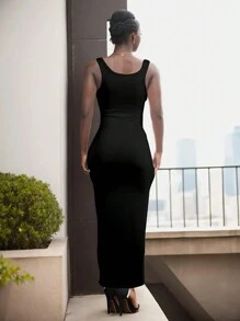 INAWLY Vestido largo de Body ceñido sin mangas de color liso y simple para uso diario para mujer - Negro - Ver 4