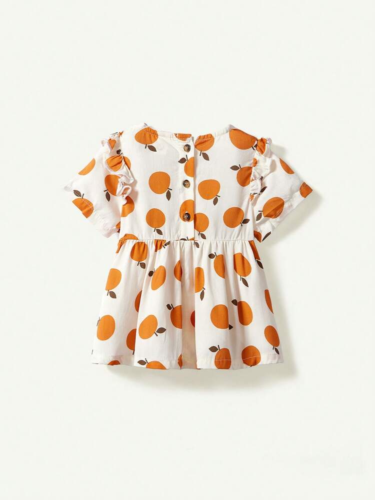 Baby Girl Casual And Versatile Round Neck Fruit Patterned Blouse With Ruffle Trim And Elasticized Waist