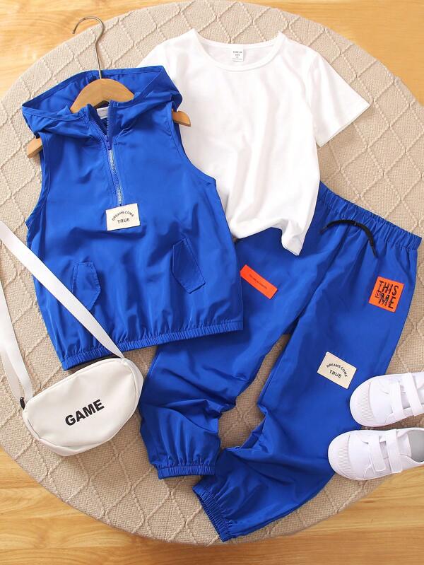 SHEIN 3pcs/Set Young Boys' Casual Sports College T-Shirt, Hooded Half-Zip Jacket And Printed Pants, Suitable For Daily Wear, School, Sports, Travel, Outdoor Activities. Suitable For Spring And Summer Seasons, Cool And Outfit.