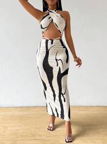 Zolique Women's Summer Vacation Set Printed Halter Vest And Long Skirt Apricot Two-Piece Set - Apricot - View 5