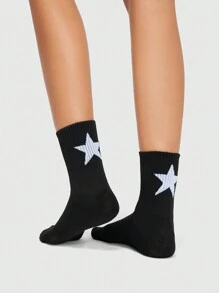 ROMWE Grunge Punk 1 đôi tất dài đến bắp chân thông thường dành cho nữ có họa tiết ngôi sao năm cánh, phù hợp cho mọi mùa - màu đen - Xem 1