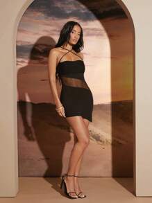 Hauture Cross Strap Mesh Panel Mini Party Dress - Black - View 4