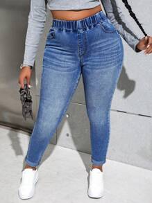 Slaydiva Plus Size Tight Sexy Denim Pants With Pockets - Medium Wash - View 4