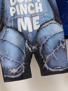 嬰兒男童時尚卡通熊印花短袖爬服 - 黑色 - 查看 5