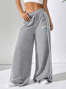 SHEIN Unity Pantalones deportivos con pierna ancha con letra gráfica y cinta en contraste a los costados - Gris - Ver 5