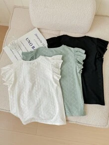 SHEIN LMoss Kids Para preadolescente niña, conjunto de 3 piezas de camisetas básicas con manga de gorra de punto tejido y cuello redondo con tejido jacquard unicolor en colores adecuados para verano