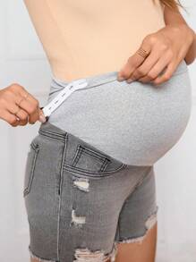 SHEIN Maternity Ripped Raw Hem Denim Shorts, Pregnancy Clothes - Light Grey - View 7
