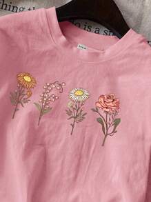 SHEIN EZwear Plus Size Casual Short Sleeve T-Shirt With Simple Floral Pattern And Round Neckline For Summer - Dusty Pink - View 2
